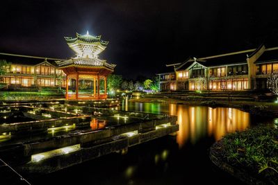 Reflection of illuminated buildings in water