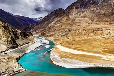 Scenic view of river and mountains in leh