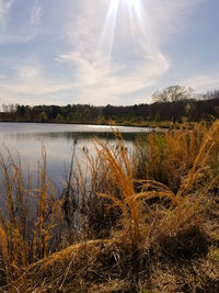 Scenic view of lake against sky during sunset