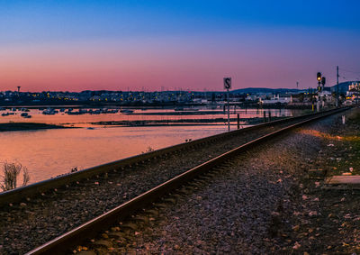 Railroad tracks in city against clear sky at sunset