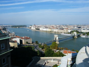 High angle view of river amidst buildings in city against sky