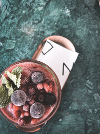 High angle view of dessert on table