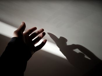 Midsection of person touching shadow on hand