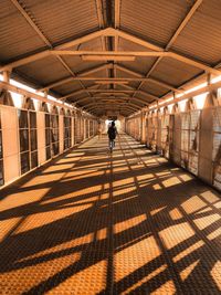 Rear view of man walking in corridor