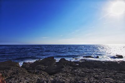 Scenic view of sea against clear blue sky