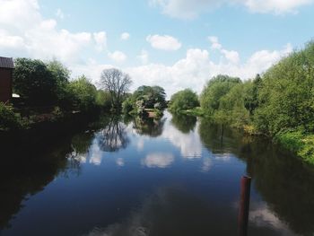 Scenic view of lake in forest against sky