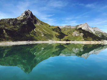 Scenic view of lake and mountains against sky