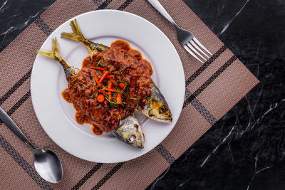 High angle view of meal served in plate