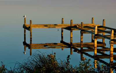 Wooden posts in lake against clear sky