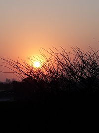 Silhouette landscape against orange sky