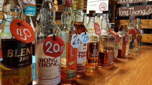 Panoramic shot of bottles on display