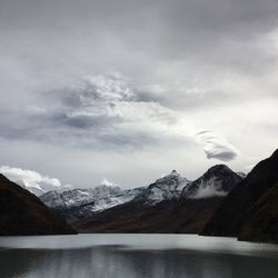 Scenic view of lake and snowcapped mountains against sky