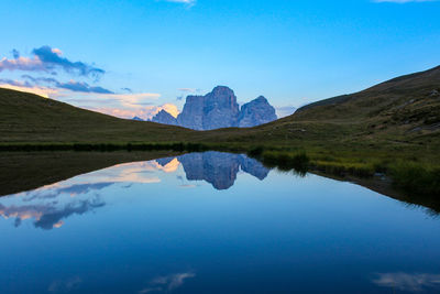 Scenic view of lake and mountains against sky