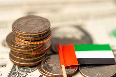 Close-up of coins on table
