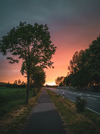 Road amidst trees against sky during sunset