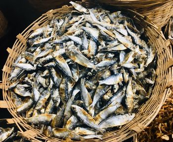 High angle view of dried fish for sale in market