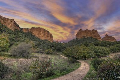 View of las medulas at sunset, antique gold mine in the province of leon, spain.