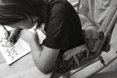 High angle portrait of dog on book