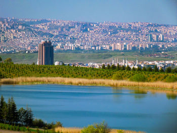 Scenic view of lake and buildings against sky