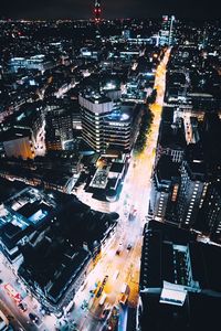 High angle view of illuminated cityscape at night