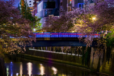 Bridge over river in city at night