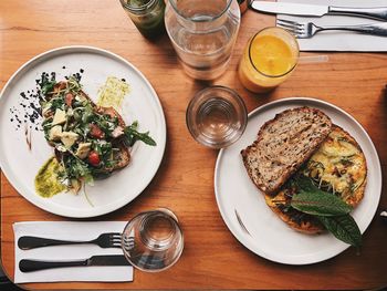 High angle view of breakfast served on table