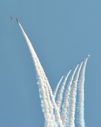 Low angle view of airshow flying against sky