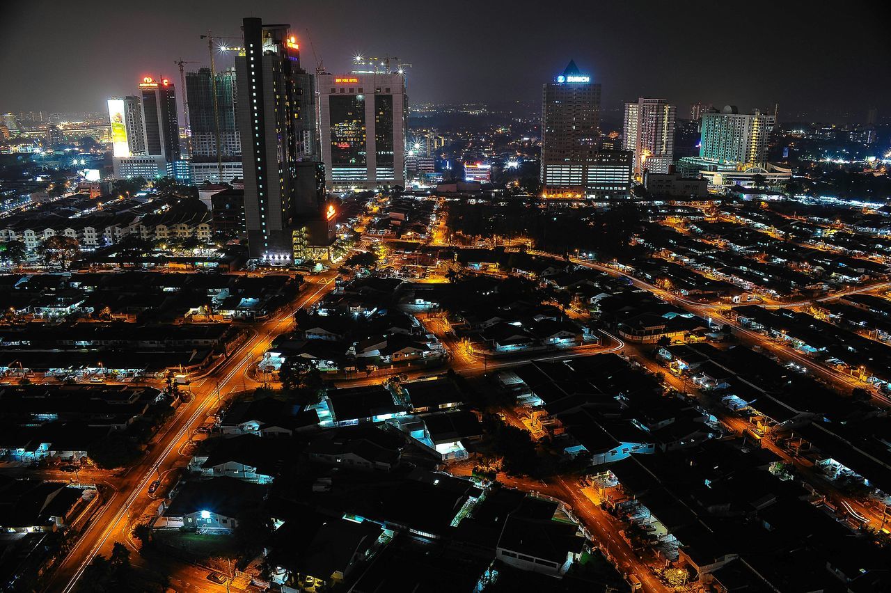 illuminated, night, city, cityscape, building exterior, architecture, built structure, skyscraper, tall - high, modern, tower, crowded, city life, high angle view, aerial view, office building, capital cities, urban skyline, financial district, residential district