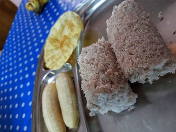 High angle view of breakfast served on table