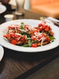 Close-up of food served in plate on table