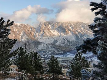 Scenic view of snowcapped mountains against sky