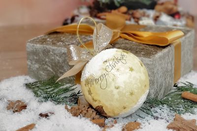 Close-up of christmas decorations on table