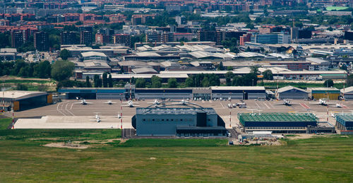 High angle view of buildings in city