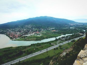 Aerial view of agricultural landscape against sky