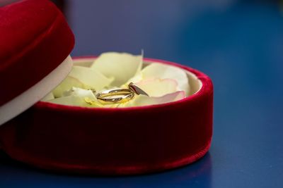 Close-up of red fruit in bowl on table