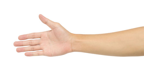 Close-up of human hand against white background