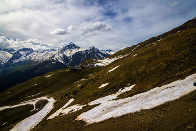 Scenic view of mountains against cloudy sky