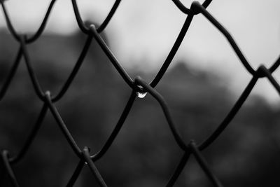 Close-up of barbed wire fence against sky