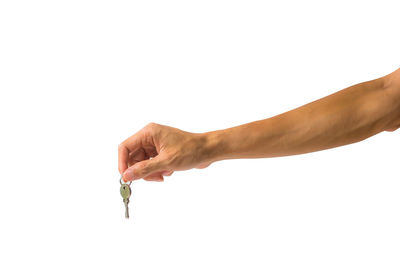 Close-up of hand holding leaf over white background