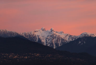 Scenic view of snowcapped mountains against sky during sunset