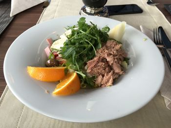 High angle view of food in plate on table