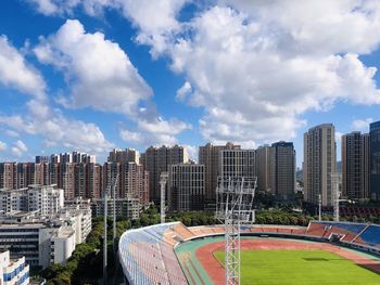 Panoramic view of buildings in city against sky