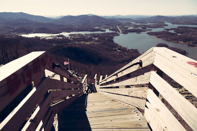 High angle view of bridge and buildings against sky