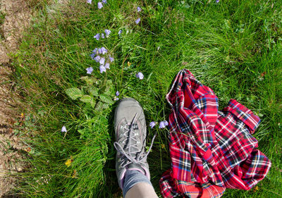 Low section of person wearing shoes on field