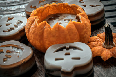 Close-up of jack o lantern on table