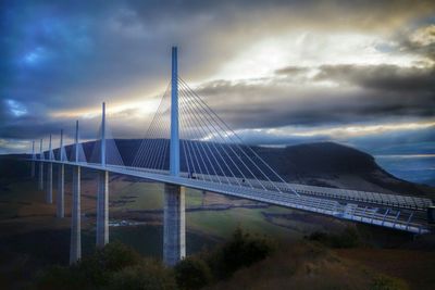 Suspension bridge against cloudy sky