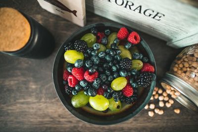 High angle view of fruits in bowl on table