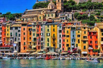 View of colourful buildings along mediterranean sea