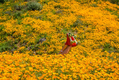 Young woman on yellow flowers on field