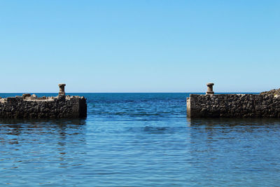 Scenic view of sea against clear blue sky